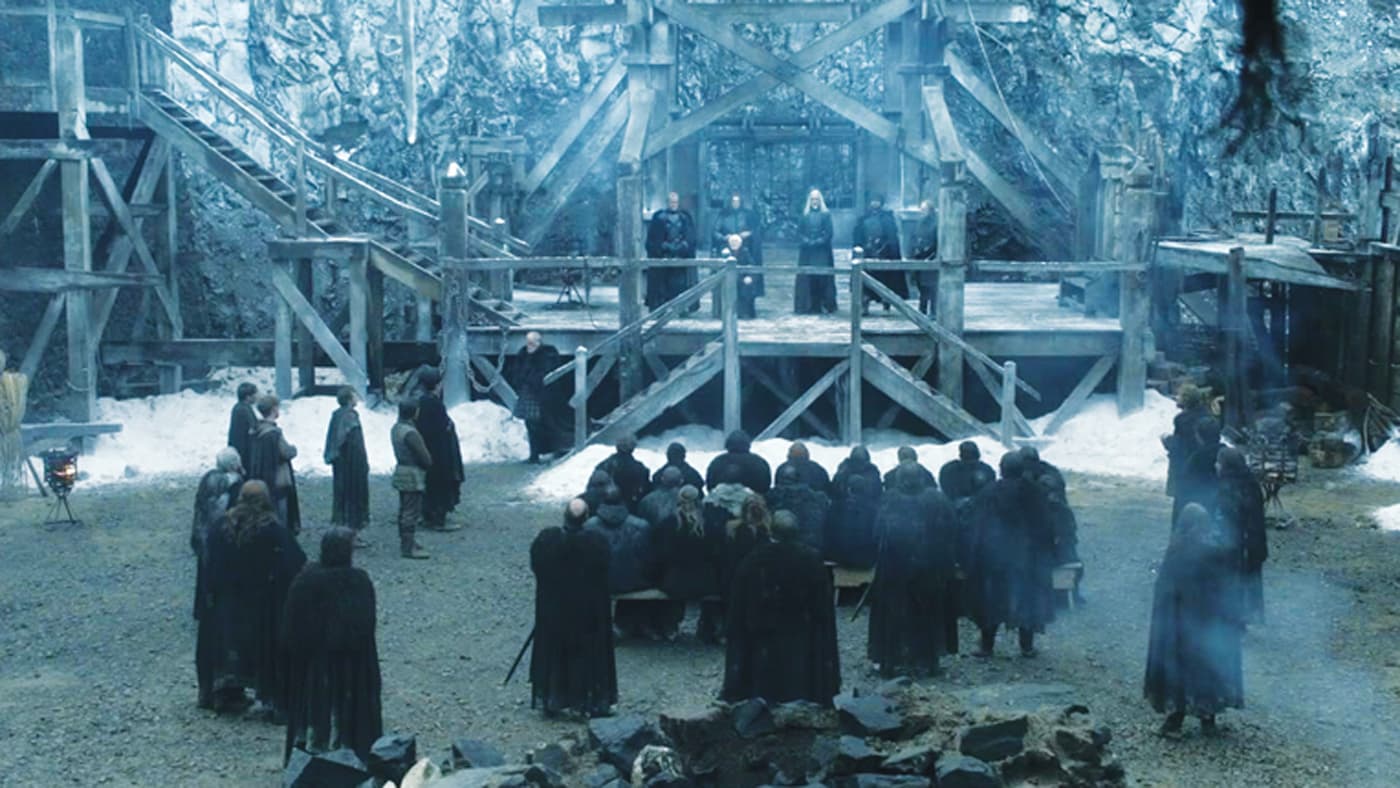 Scene from Game of Thrones at Castle Black with blu-ish color grade.