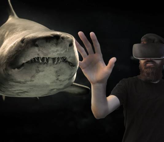 Man with VR set on holding hand up to shark.