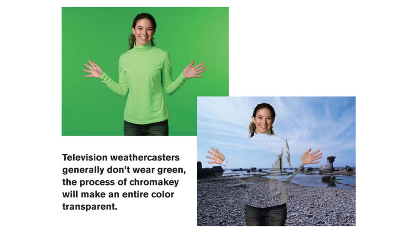 Green green example with woman blending into background with green shirt