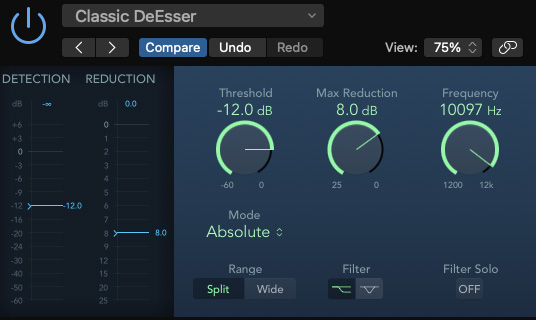 Logic Pro's DeEsser2 plugin. Select a threshold level, target frequency, and reduce!
