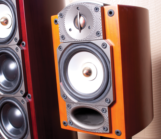 close up shots of two large high-end audio speakers