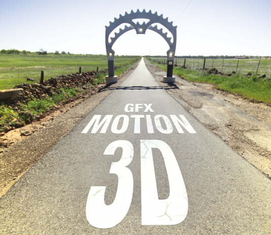 Vanishing point type of shot of a bike path with the words “bike lane” removed and replaced with same text style stating “3D motion GFX”