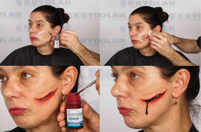 Montage of a person having prosthetic makeup applied to mimic a knife slash.